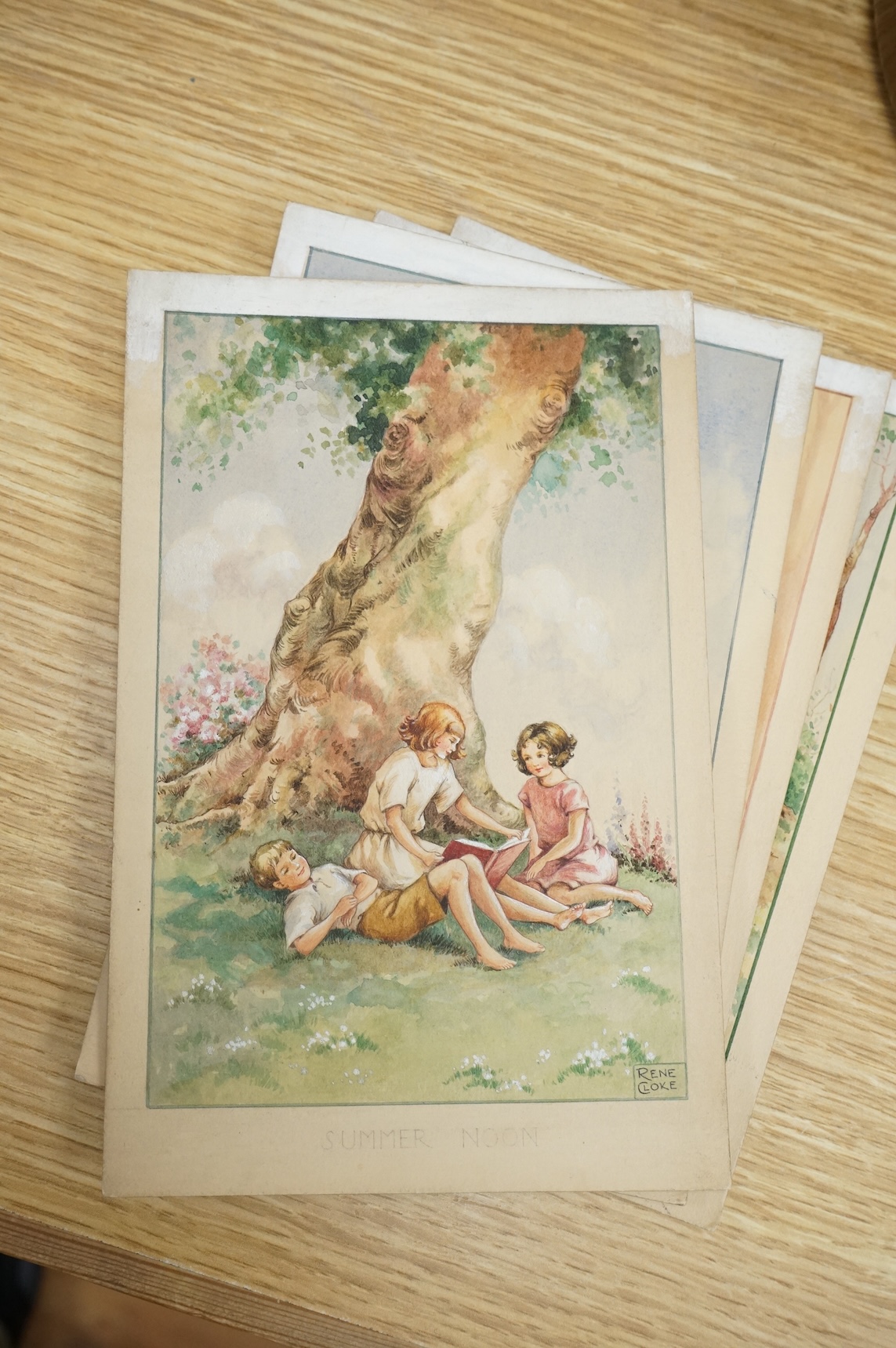 Rene Cloke (1904-1995), set of six original watercolours for children's postcard designs, Country Days to include Fog in the Valley, Spring Babies and Summer Noon, each signed, unframed, 21 x 13cm
